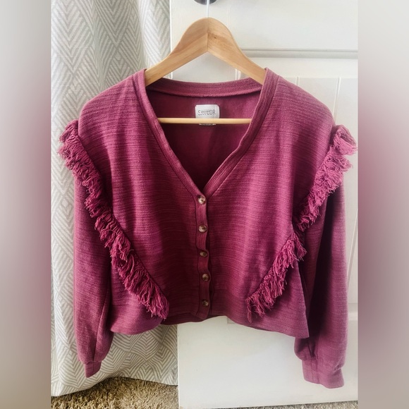 Saylor Cropped Fringe Cardigan Rose Pink Boho Button Front Size M - Picture 11 of 13